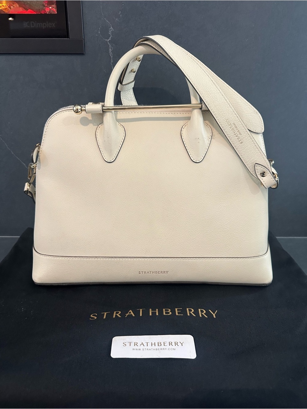 Strathberry Cream Leather Dome Midi Satchel with Gold Hardware - Made in Spain